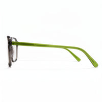 Eyeglasses with a gray frame and green temples shown from a side angle on a white background