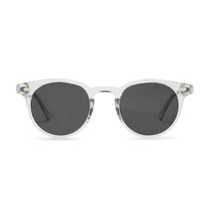 Round sunglasses with a translucent white acetate frame and dark gray lenses, shown from the front on a white background.
