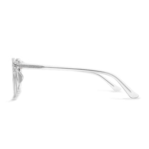 A pair of square-frame sunglasses with a thin silver metal frame and matching silver temples, shown in a side profile view against a white background.