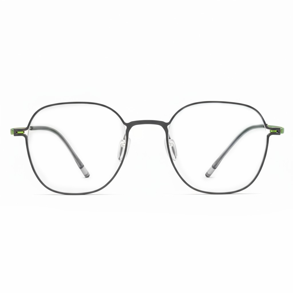Round eyeglasses with green accents on a white background